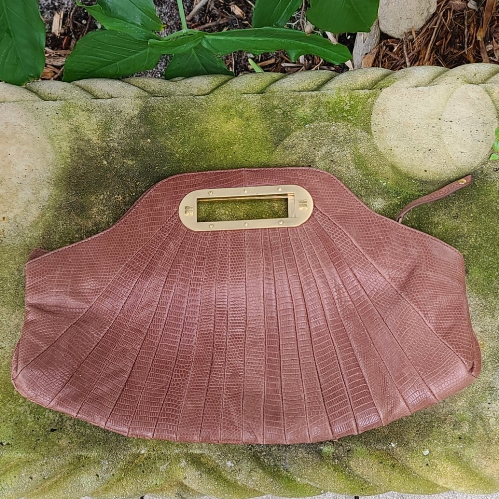 BCBG Max Axaria gently used vintage brown eelskin leather clutch  gold h…